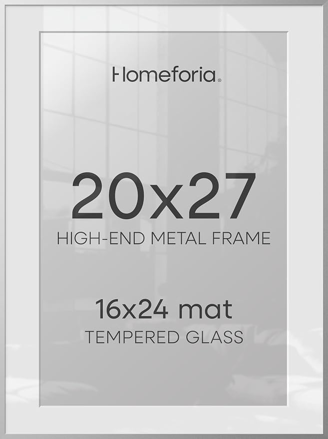 Homeforia 20x27 Picture Frame Silver, High End Metal 20x27 Frames with Mat 16x24 for Photo, 20 x 27 Silver Poster Frame Matted to 16 x 24 Print, 27x20 Hanging Frame, Tempered Glass, Wall Kit, Set of 1