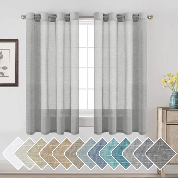 H.VERSAILTEX Linen Curtains Flax Linen Blended Curtain Panels for Living Room/Bedroom Semi Sheer Privacy Curtains 63 inch Length 2 Panels Set Nickel Grommet Window Drapes, Grey