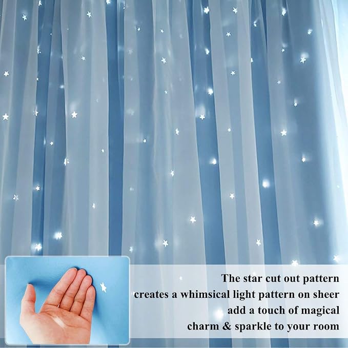 NICETOWN Kids Boys Blackout Curtains, Double-Deck Sheer Panel & Star Drapes for Living Room, Window Treatments with Tie Backs (Blue, 1 Pair, W52 x L95)