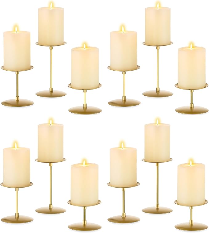 Pillar Candle Holders Candelabra Gold - Set of 12 Bulk Candle Stand Iron Plate Minimalism Modern Home Mantel Dinning Table Decorations Centerpiece for Wedding, Party, Housewarming, Events