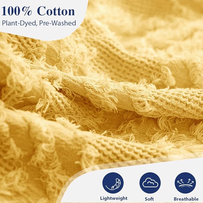 Simple&Opulence 100% Cotton Throw Blanket for Bed, Couch, Boho Textured Geometric Knit Woven Blanket with Tassels Soft, Lightweight Breathable Shabby Chic Farmhouse Decoration for All-Season(Yellow)