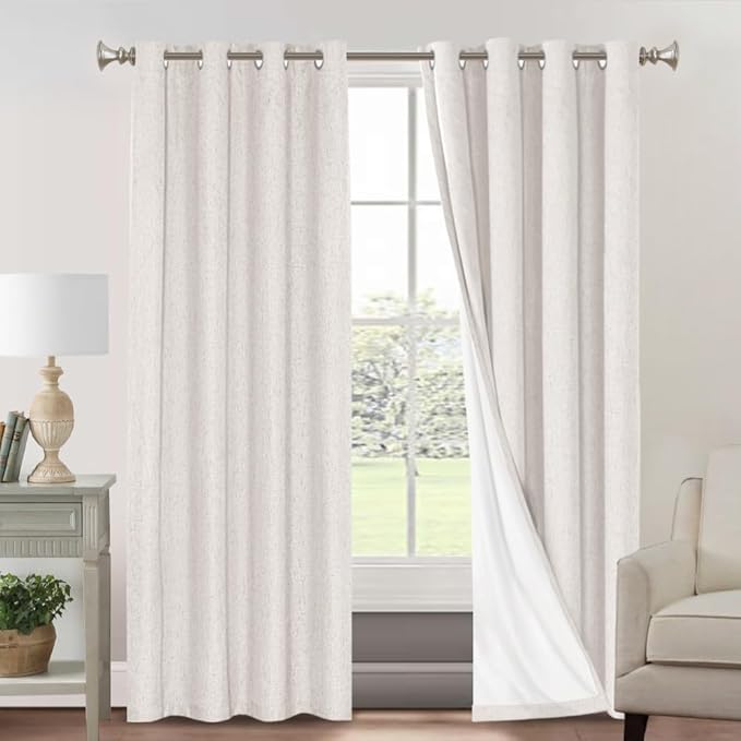 PrinceDeco 100% Blackout Curtains 90 Inches Long with Thermal Insulated White Liner Linen Textured Blackout Curtains for Bedroom, W52 x L90, 2 Panels,90 inch Length for Doorway, Office, Ivory