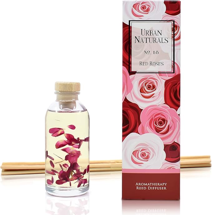 Urban Naturals Reed Diffuser Set, Red Roses - Bathroom Shelf Décor | Floral Scented Sticks Room Freshener for Bathroom, Kitchen & Bedroom, Great Gift Idea