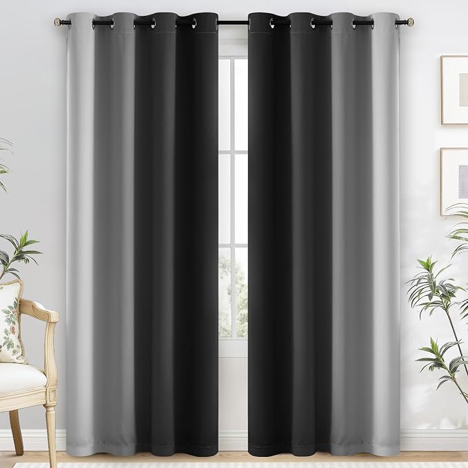 Yakamok 100% Blackout Curtains Ombre Black Curtains for Bedroom 84 Inch | 2 Layers,Room Darkening Grommet Gradient Drapes,Light Blocking Thermal Insulated Window Curtains for Living Room 52W x 84 L