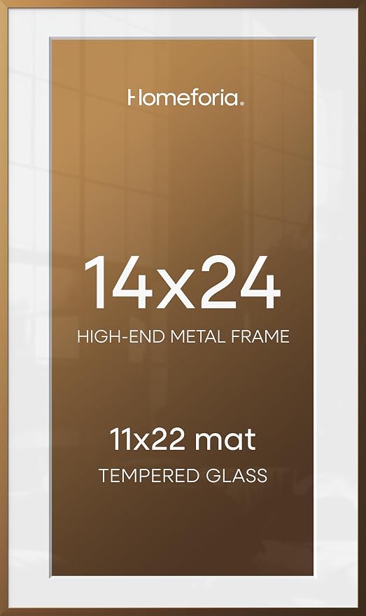Homeforia 14x24 Picture Frame Bronze, High End Metal 14x24 Brass Poster Frames with Mat 11x22 Photo, 14 x 24 Frame Matted to 11 by 22 inch Print, 24by14 Thin Frames, Tempered Glass, Wall Kit, Set of 2