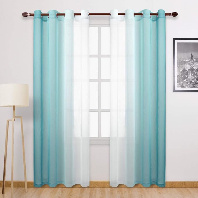 DWCN Teal Ombre Sheer Curtains Faux Linen Gradient Semi Voile Grommet Top Bedroom and Living Room Curtains, Set of 2 Window Curtain Panels, 52 x 84 Inches Long