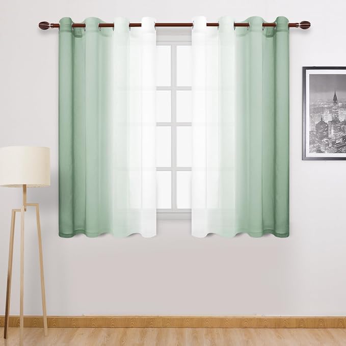 DWCN Light Sage Faux Linen Ombre Sheer Curtains - Short Curtains Gradient Semi Voile Curtains for Kitchen and Living Room, Set of 2 Grommet Top Window Curtain Panels, W52 x L54 Inches, Sage Green