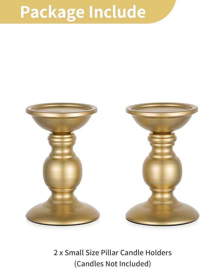 Set of 2 Gold Metal Pillar Candle Holders for 3 inches Dia Candle, Wedding Centerpieces Candlestick Holders Stand Centerpiece Decoration Ideal for Weddings, Special Events, Parties