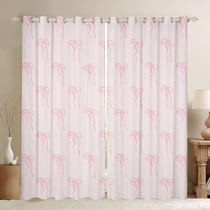 Erosebridal Bow Kids Window Treatments 42" Wx90 L,Pink Bow Girls Window Curtain Cute Kawaii Bowknot Curtain Ribbon Bow Print 30%-50% Blackout Curtains for Bedroom