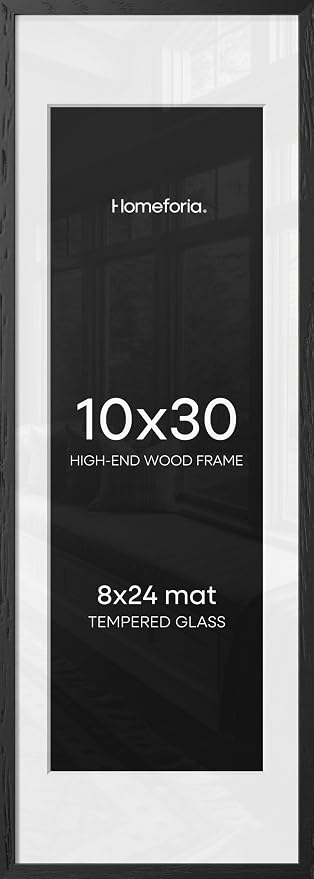 Homeforia 10x30 Black Wood Picture Frame, High End Oak 10x30 Poster Frames with Mat 8x24 Print, 10 x 30 Black Wooden Frames Matted to 8 by 24, 30x10 Panoramic Frame, Tempered Glass, Wall Kit, Set of 1