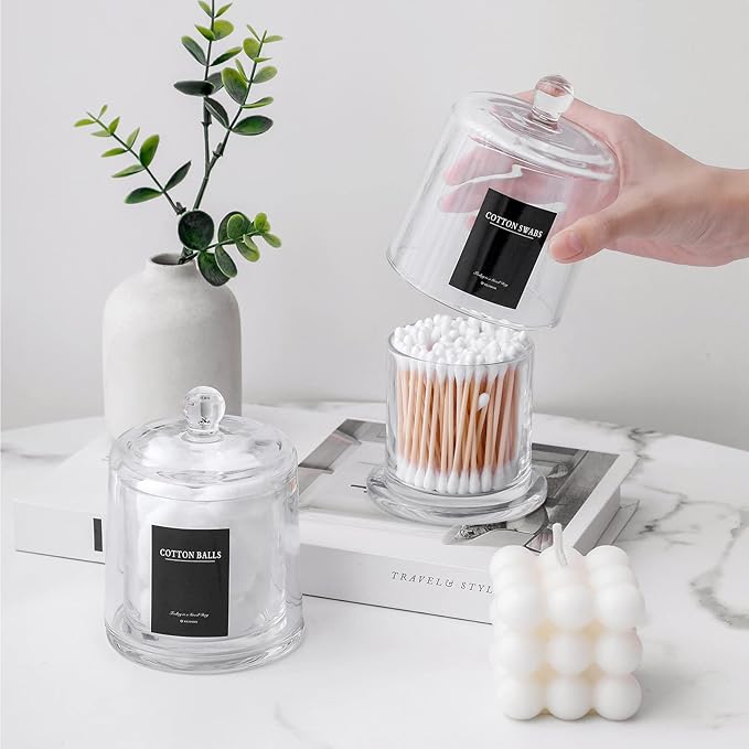 rejomiik Qtip Holder Thick Glass Apothecary Jars with Lid for Bathroom Accessories Vanity Organizers and Makeup Storage for Cotton Ball, Swabs, Makeup Sponges, Candy, Jewelry, Clear