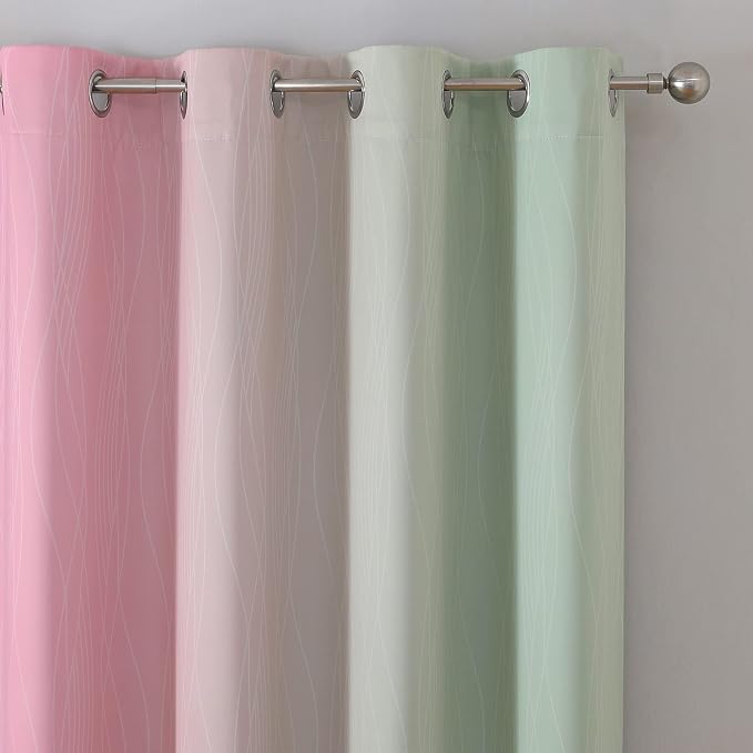 Estelar Textiler Sage Green and Pink Blackout Curtains 84 Inches Long for Living Room, Thermal Insulated Ombre Full Light Blocking Grommet Blackout Drapes for Bedroom, 52Wx84L, 2 Panels