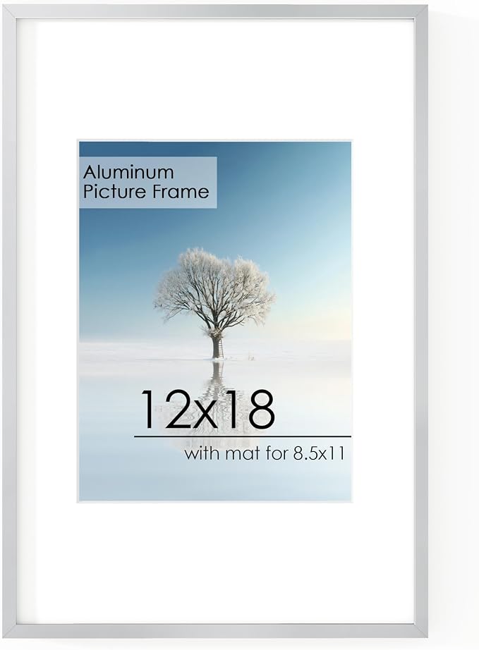 12x18 Metal Picture Frame for Wall With Mat for 8.5x11, 12''x18'' Aluminum Photo Frames With Tempered Glass for Home Decor, Minimalist Modern Poster Frame Horizontal And Vertical Formats, Silver