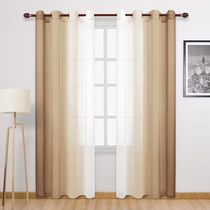 DWCN Taupe Faux Linen Ombre Sheer Curtains - 84 inches Long Gradient Semi Voile Curtains for Bedroom and Living Room, Set of 2 Grommet Top Window Curtain Panels, 52 x 84 Inches Long, Taupe