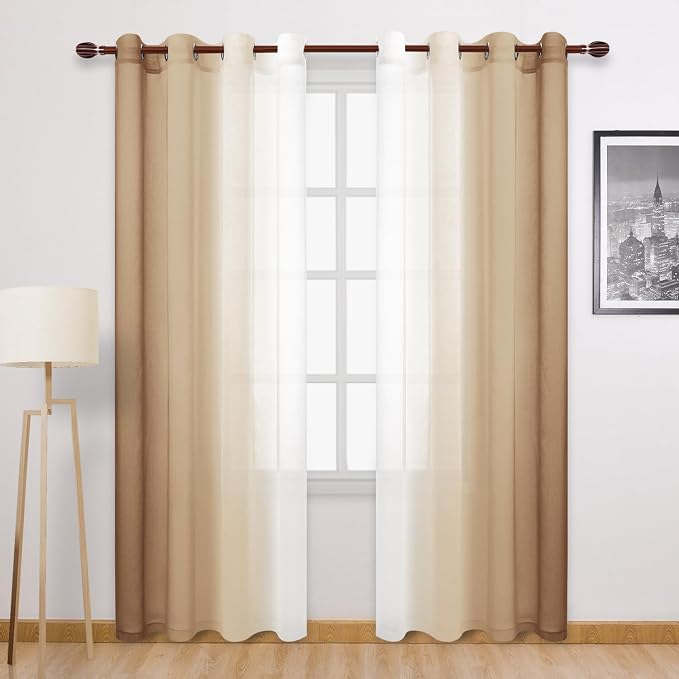 DWCN Taupe Faux Linen Ombre Sheer Curtains - 96 inches Long Gradient Semi Voile Curtains for Bedroom and Living Room, Set of 2 Grommet Top Window Curtain Panels, 52 x 96 Inches Long, Taupe