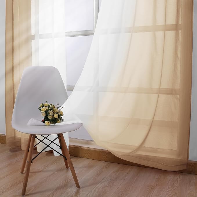 DWCN Ombre Faux Linen Sheer Curtains - Extra Wide Gradient Semi Voile Light Filtering Grommet Top Bedroom and Living Room Curtains, 60 x 63 Inches Long, Set of 2 Window Curtain Panels, Taupe