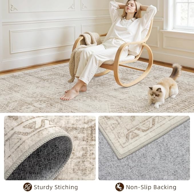 10x12 Area Rug for Living Room: Vintage Boho Neutral Washable Rug Indoor Soft Large Area Rug Carpet for Bedroom Nursery Farmhouse Dining Room Office Floor Non-Slip Low Pile Under Table Rug Brown