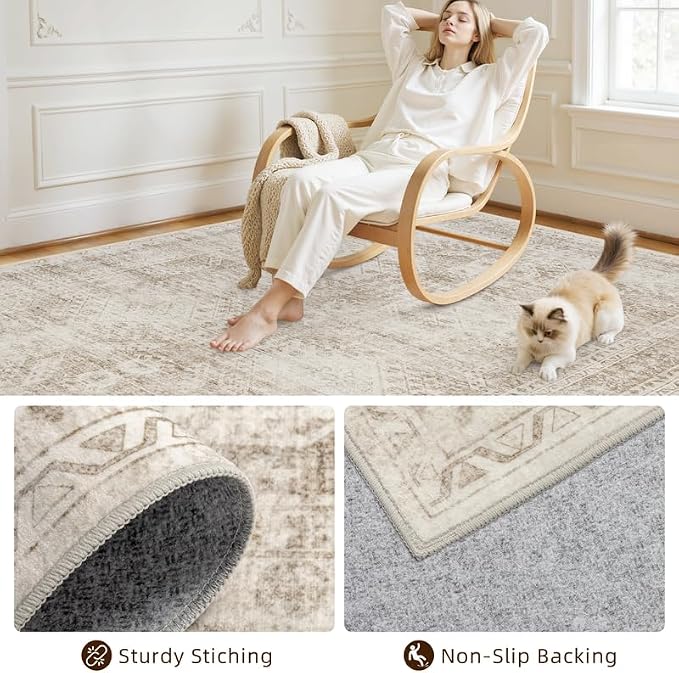 6x9 Area Rugs for Living Room: Vintage Boho Neutral Washable Rug Indoor Soft Large Area Rug Carpet for Bedroom Nursery Farmhouse Dining Room Office Floor Non-Slip Low Pile Under Table Rug Brown