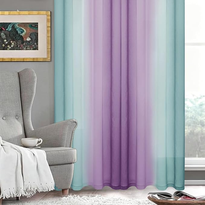 DWCN Ombre Sheer Curtains - Faux Linen Semi Voile Grommet Top Gradient Curtains for Bedroom and Living Room, Set of 2 Window Curtain Panels, 52 x 84 Inch Length（Teal and Purple
