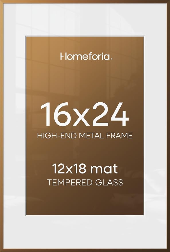 Homeforia 16 x 24 Bronze Frame, High End Metal 16x24 Brass Picture Frames with Mat 12x18 Photo, 16 x 24 Poster Frames Matted to 12 by 18 Print, 24x16 Hanging Frames, Tempered Glass, Wall Kit, Set of 1