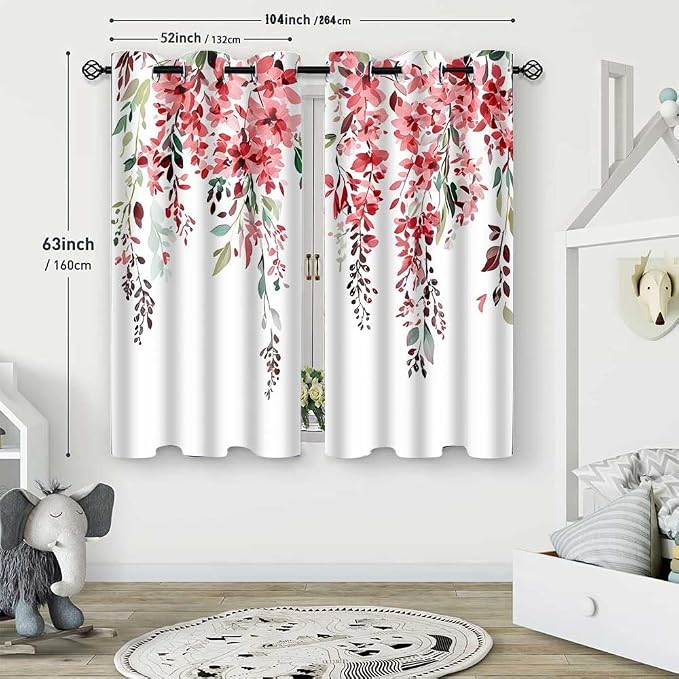 Red Watercolor Floral Curtains, 52x63 inch, 2 Panels | Botanical Leaves Vine Flowers, Rustic Farmhouse Style, Blackout Window Treatment, For Bedroom Living Room