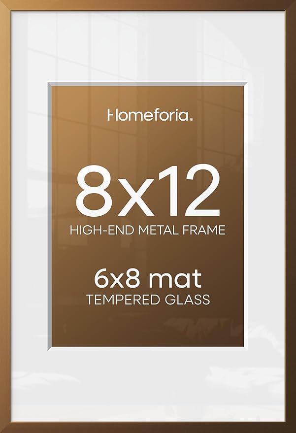 Homeforia 8x12 Picture Frame Bronze, High End Metal 8 x 12 Brass Frames with Mat 6 by 8 for Photo, 12x8 Frame Matted to 6x8 inch Print, 8by12 Wall or Tabletop Frame, Tempered Glass, Wall Kit, Set of 1