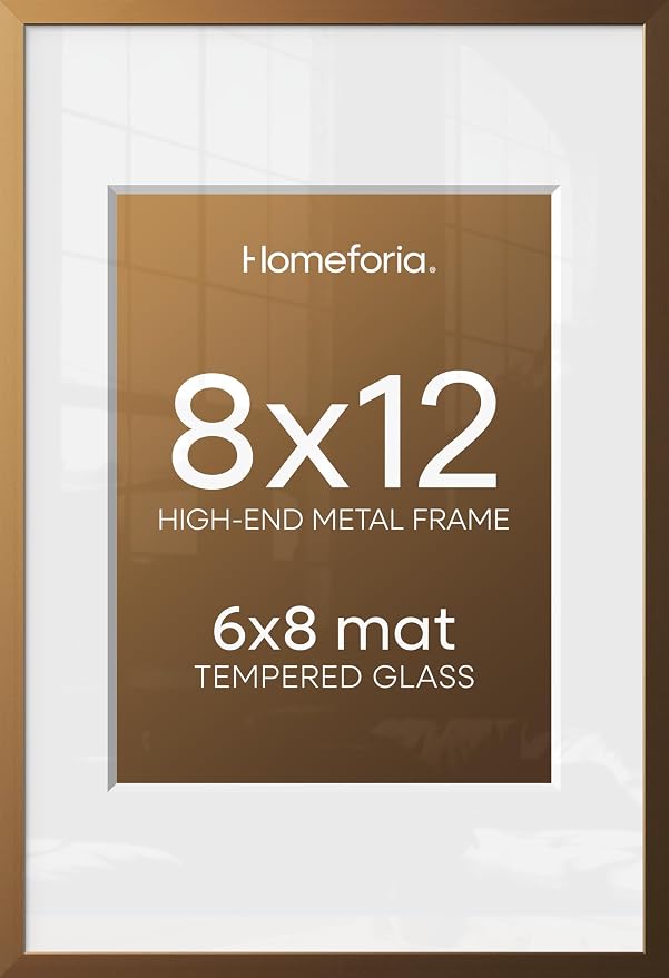 Homeforia 8x12 Picture Frame Bronze, High End Metal 8 x 12 Brass Frames with Mat 6 by 8 for Photo, 12x8 Frame Matted to 6x8 inch Print, 8by12 Wall or Tabletop Frame, Tempered Glass, Wall Kit, Set of 3
