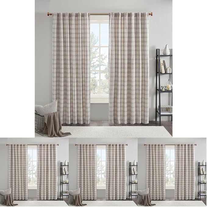 Madison Park Anaheim Cabin Plaid Curtain Window, Thermal Insulated Fleece Lining, Living Room Decor Room Darkening Drape for Bedroom, 1- Single Panel, 50x95, Rod Pocket & Back Tab, Brown (Pack of 4)