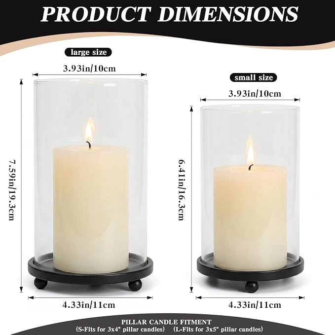 Hurricane Candle Holders Set of 2 - Pillar Candle Stands with Glass Sleeves for Fireplace Mantel & Dining Table Centerpiece Decor (Black)