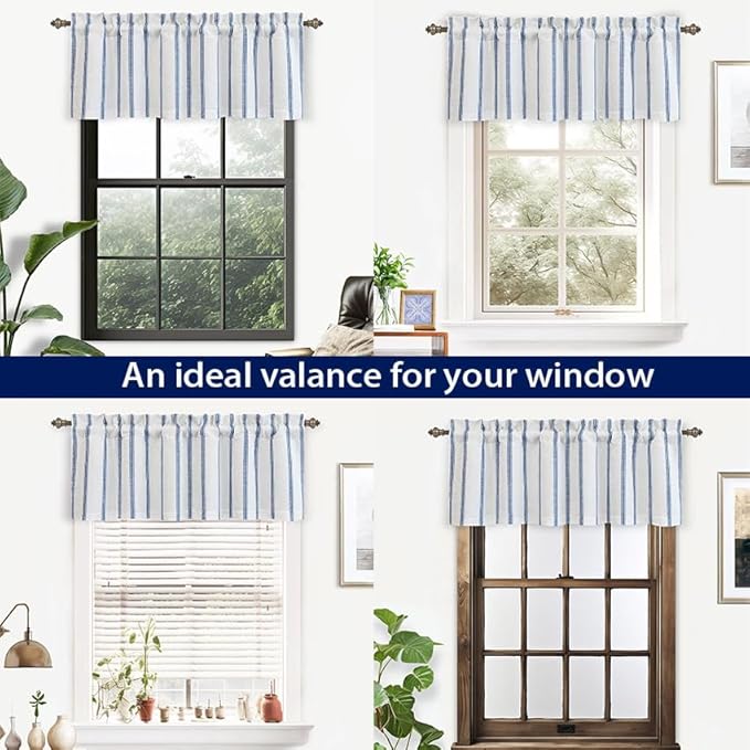 DriftAway Farmhouse Linen Lined Valance Double Layer Thermal Insulated Room Darkening Blackout Window Valances 3 Inch Rod Pocket Vertical Striped Kitchen Valance for Bathroom Single 52 x 18 Inch Navy