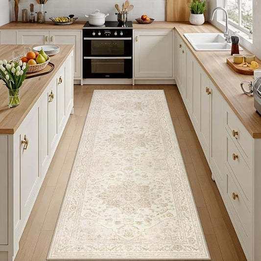 2'6''x8' Hallway Washable Runner Rug: Vintage Boho Neutral Kitchen Rug Soft Small Area Rug Indoor Floor Non-Slip Low Pile Carpet for Farmhouse Entryway Laundry Bathroom Bedroom Beside Rugs Beige White