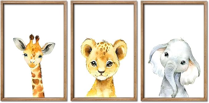 Nursery Decor Safari Baby Animal Giraffe Elephant Lion 3Pc 16x24 Wood Frame | Cute Prints Sign Wall Art for Children's Room