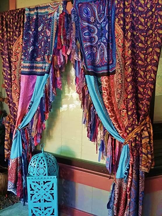 EthinicCraftHub® 2 PCS Indian Silk Saree Curtain Window Treatments Boho Gypsy Hippy Bohemian Wall Hanging Hippy Room Decor Curtain