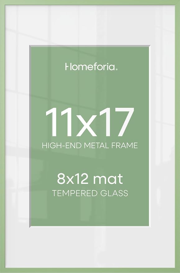 Homeforia 11x17 Picture Frame Sage Green, High End Metal 11x17 Poster Frames with Mat 8x12 Photo, 11 x 17 Sage Green Frame Matted to 8 by 12 Art, 17x11 Thin Frames, Tempered Glass, Wall Kit, Set of 2