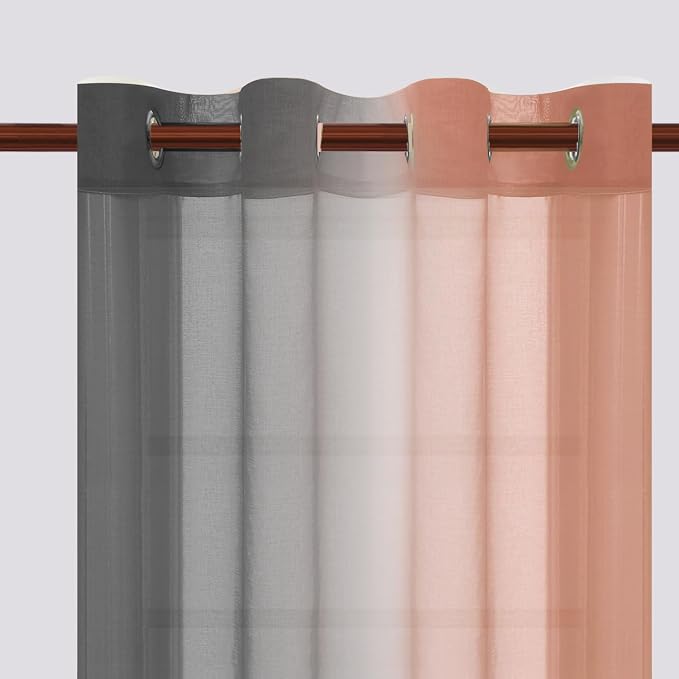 DWCN Ombre Sheer Curtains - Faux Linen Semi Voile Grommet Top Gradient Curtains for Bedroom and Living Room, Set of 2 Window Curtain Panels, 52 x 84 Inch Length（Grey and Pink