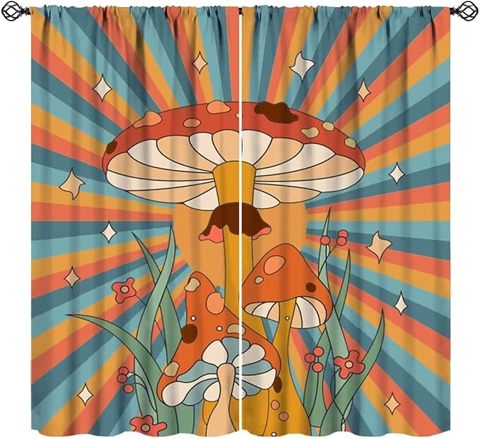 Boho Mushroom Curtains, 1970s Retro Sunset Rainbow Boho Herbs Flowers Blue Yellow Abstract Geometric Print Blackout Window Drapes for Kids Bedroom Living Room 42x54 Inch
