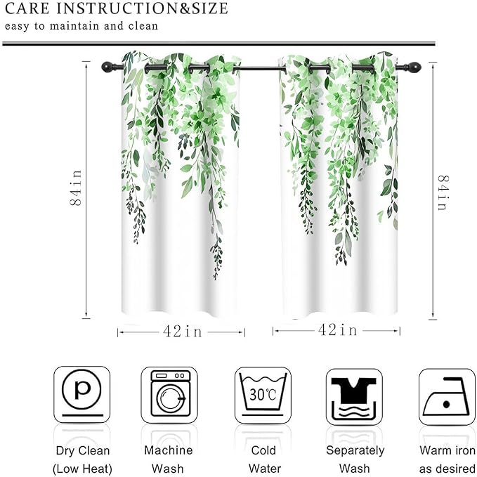 Green Watercolor Floral Curtains, 42x84 inch, 2 Panels | Botanical Leaves Vine Flowers, Rustic Farmhouse, Blackout Window Treatment, For Bedroom Living Room