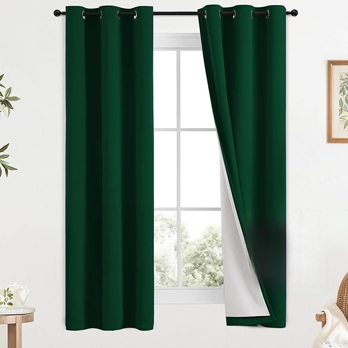 COSVIYA Drak Green 100% Blackout Curtains for Bedroom with White Back, 2 Thick Layers Full Room Darkening Thermal Insulated Grommet Window Drapes,40x63 Inch, 2 Panels