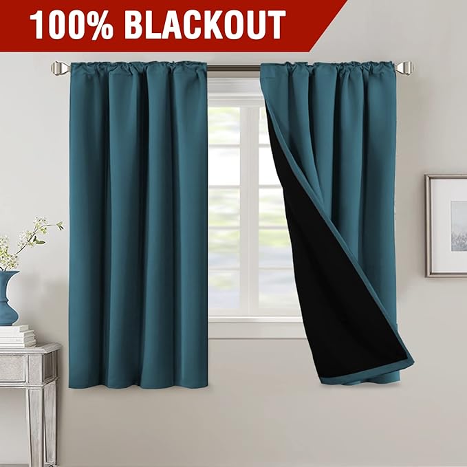 H.VERSAILTEX 100% Blackout Curtains for Bedroom with Black Liner Full Room Darkening Curtains Thermal Back Tab/Rod Pocket Window Treatment Drapes for Living Room, 2 Panels, 42 x 63 Inch, Dark Teal