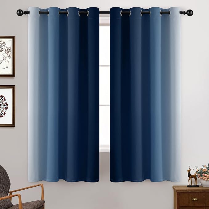 Yakamok Ombre Curtains Blue and Greyish White for Living Room,52Wx63L | Room Darkening Curtains 63,Thermal Insulated Gradient Color Drape,Light Blocking Grommet Window Curtains for Bedroom,2 Panels