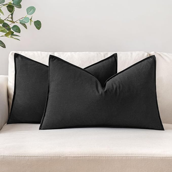 MIULEE Pack of 2 Decorative Linen Pillow Covers 12x20 Inch Black | Boho Farmhouse Modern Soft Accent Lumbar Throw Pillows Neutral Cushion Covers for Sofa Couch Bed Living Room Home Decor