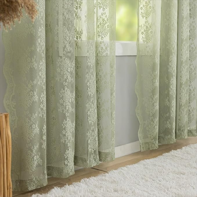 YJ YANJUN Vintage Lace Curtains 63 Inch Length-Elegant Floral Sage Green Sheer Curtain Panels for Living Room Bedroom, Light Filtering Embroiderd, Summer Easter Cottage Core Decor 2 Panels 52W x 63L