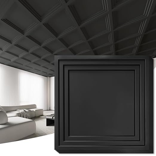 Art3d 12-Pack 2424 Inch PVC Waterproof Drop Ceiling Tiles for Home Décor - 2x2 ft 3D Modern Ceiling Panel for Suspended Grid, Black