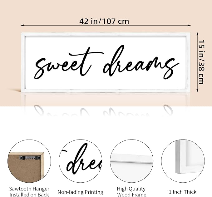 Sweet Dreams Wall Decor Above Bed 42''×15'' Large Bedroom Sign Farmhouse Wood Framed Master Bedroom Guest Room Decoration (White)