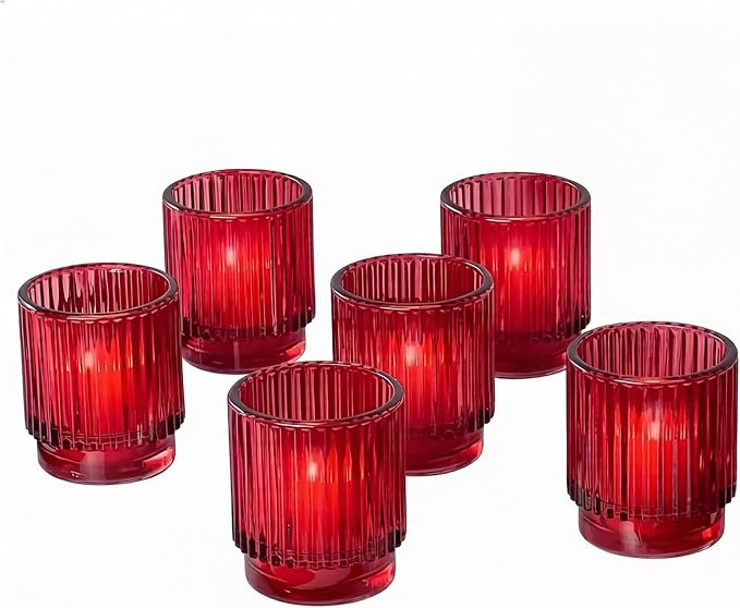 Kate Aspen Vintage Ribbed Red Glass Candle Holders Set of 6 - Votive & Tealight Candle Holder Decor for Holiday Table Decor, Christmas Dining Tablescape, Fall & Boho Home Accents (27206RD)