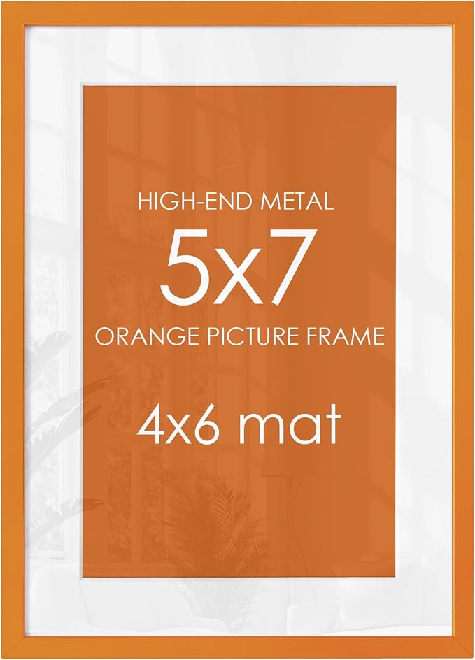 FLYJOE 5x7 Orange Picture Frame for 4x6 Photo, Minimalist Aluminum Frame | Vibrant Orange Metal Wall Frame for Gallery, Desk, or Gift Giving | Shatterproof Glass & Wall Kit