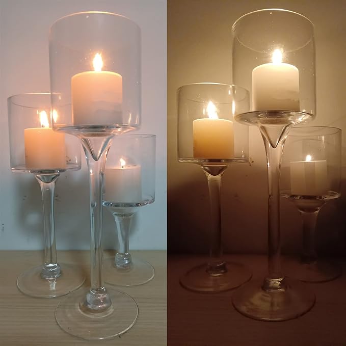 Hurricane Candle Holder Glass Candleholders Holders Votive Long Stem Tealight Tall High Tea Light Elegant Transparent Ideal Dining Wedding Party Home Decoration Gifts (Large 1 Set)