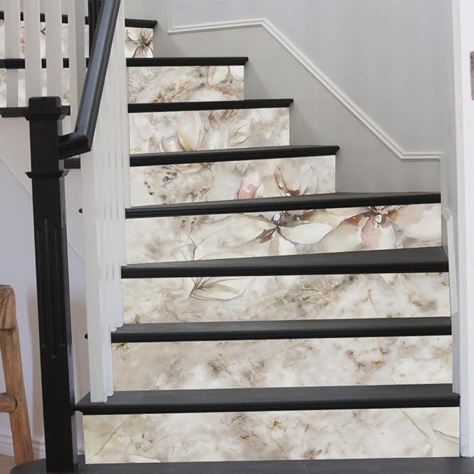 REDAMANCY Watercolor Boho Cream Sand Magnolia Florals Peel and Stick Vinyl Stair Riser Decals Staircase Tile Stickers Decor Modern Marble Decoration Self-Adhesive(14 Pcs)