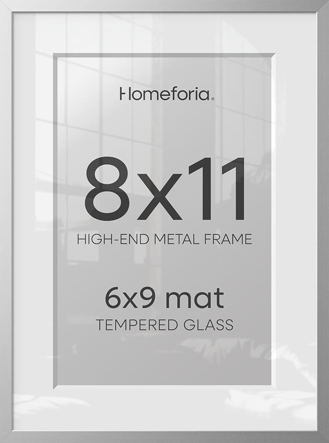 Homeforia Silver 8x11 Picture Frame, High End Metal 8 x 11 Poster Frames with Mat 6 by 9 for Photo, 11x8 Frame Matted to 6x9 inch Art, 8by11 Wall or Tabletop Frames, Tempered Glass, Wall Kit, Set of 2