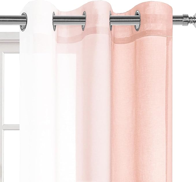 DWCN Blush Pink Ombre Sheer Curtains - 84 inches Long Faux Linen Gradient Semi Voile Curtains for Bedroom and Living Room, Set of 2 Grommet Top Window Curtain Panels, 42 x 84 Inches Long